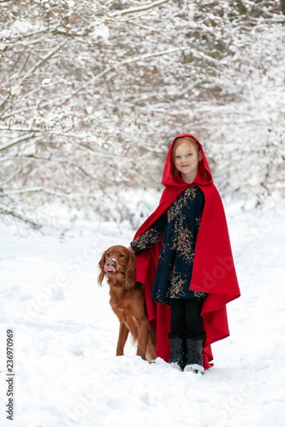 Fototapeta Girl in a red coat with a dog in the snow