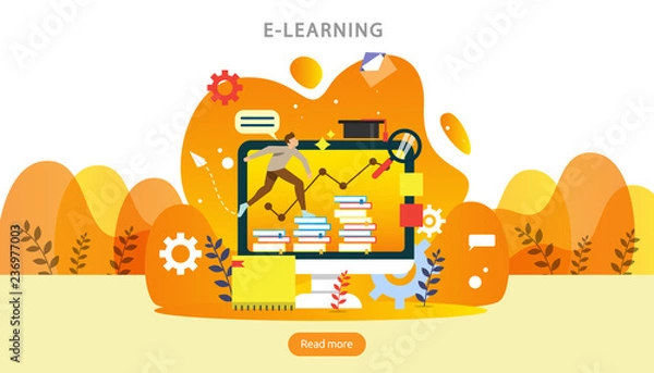Fototapeta E-learning concept with computer, book and tiny people character in study process. E-book or online education. template for web landing page, banner, presentation, social media and print material.
