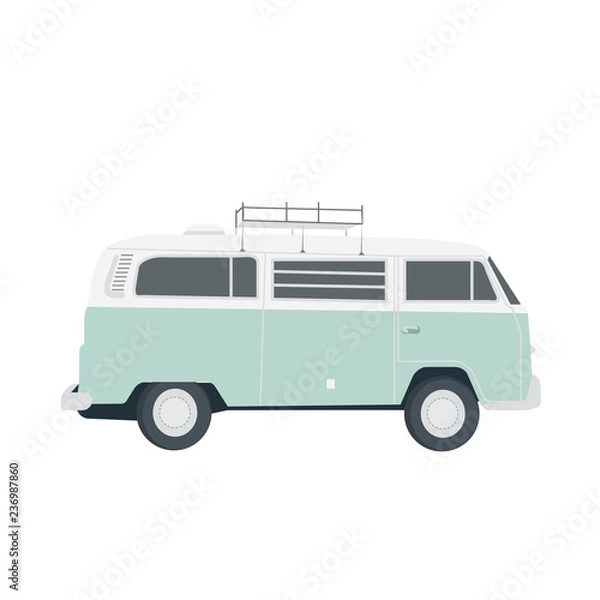 Obraz Wektor niebieski autobus retro na białym tle. Prosta płaska ilustracja