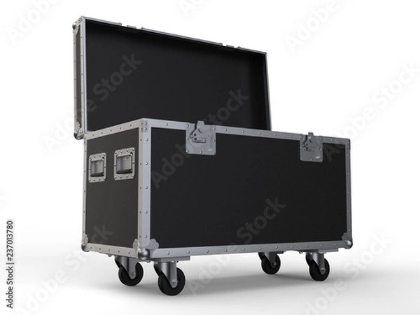 Fototapeta Black opened simple flight case on white background. 3D render