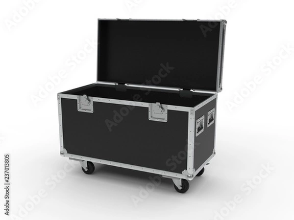 Fototapeta Black opened simple flight case on white background. 3D render