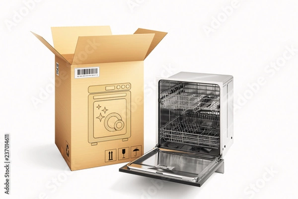 Obraz Shopping, purchase and delivery concept, cardboard box package and dishwasher machine isolated on white