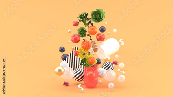 Fototapeta The food floats out of the capsule amidst colorful balls on the orange background.-3d render..