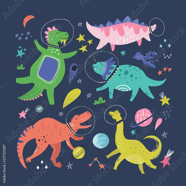 Fototapeta Cute dinosaurs in space hand drawn vector color characters set