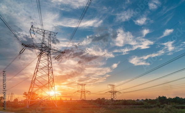 Obraz High-voltage power lines. Electricity distribution station. high voltage electric transmission tower. Distribution electric substation with power lines and transformers