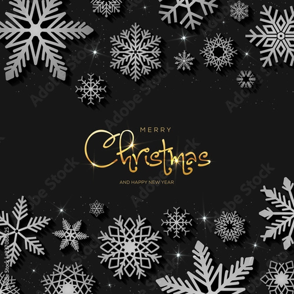 Fototapeta Greeting card with beautiful snowflakes on a dark background and with a shiny inscription Merry Christmas