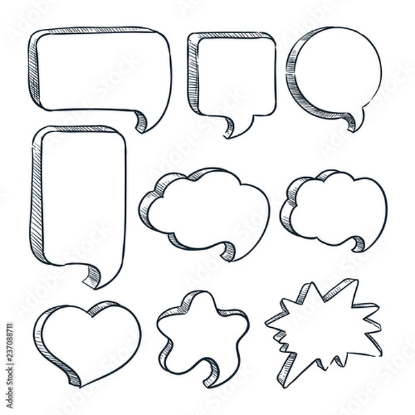 Obraz Blank speech bubbles frames with copy space. Vector sketch illustration. Hand drawn empty clouds with place for text.