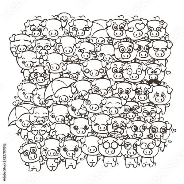 Fototapeta Background with cute baby piglets. Pastel cartoon image kawaii pigs.