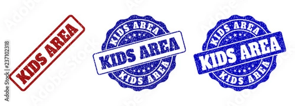Fototapeta KIDS AREA grunge stamp seals in red and blue colors. Vector KIDS AREA overlays with grunge style. Graphic elements are rounded rectangles, rosettes, circles and text labels.