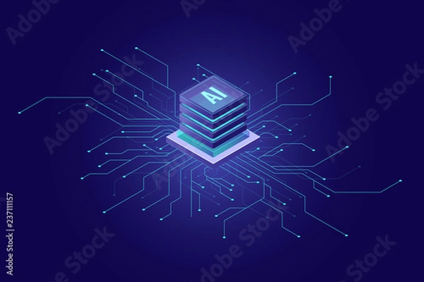 Obraz Baner sztucznej inteligencji, duże zbiory danych, przetwarzanie w chmurze, uczenie maszynowe, ikona izometryczna koncepcji eksploracji informacji