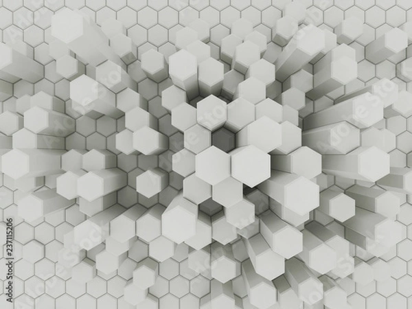 Fototapeta White geometric hexagonal abstract background. 3d rendering
