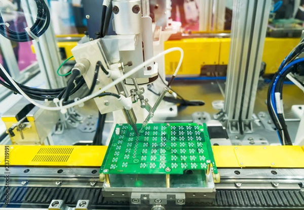 Fototapeta soldering iron tips of automated manufacturing soldering and assembly pcb board