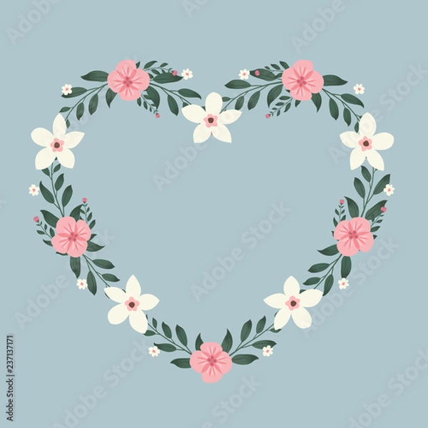 Fototapeta Floral greeting card and invitation template for wedding or birthday anniversary, Vector heart shape of text box label and frame, Colorful flowers wreath ivy style with branch and leaves.