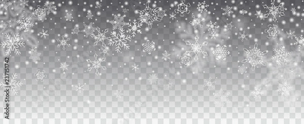 Fototapeta Vector snowfall, snowflakes of various shapes. Many white cold flaky elements on transparent background. White falling fly in the air.