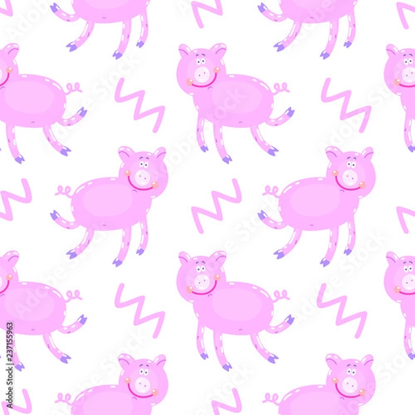 Fototapeta Vector hand-drawn illustration with pig in a village. Farm animal.