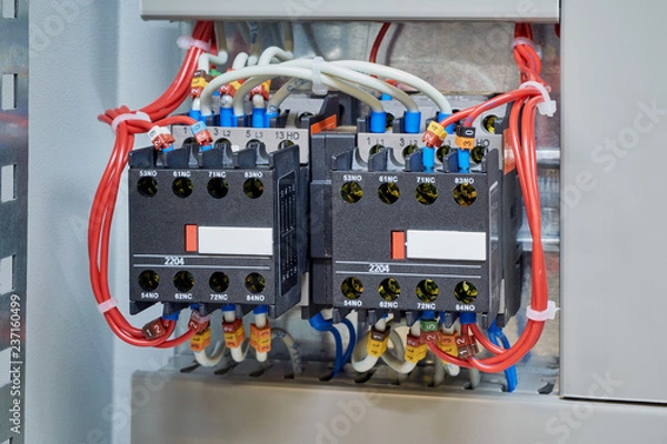 Fototapeta Two magnetic contactor connected in reverse starting Assembly. Wires are connected to contactors and additional contacts according to the scheme or project. Modern production of electrical cabinets.