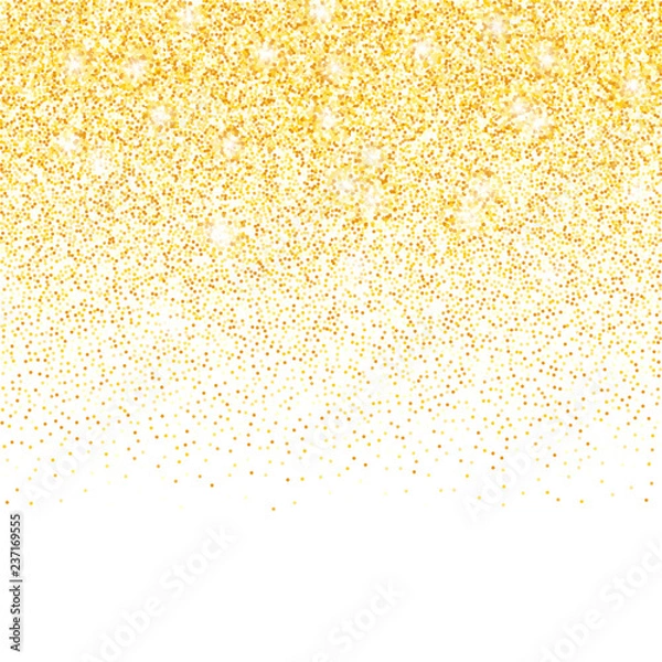 Fototapeta Vector gold glitter confetti dots rain. Golden sparkling glittering border isolated on white background. Party tinsels shimmer, holiday background design, festive frame