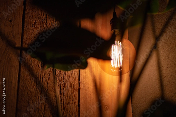 Fototapeta Design lamp with old-fashioned filament hanging in front of a scaffold wood wall