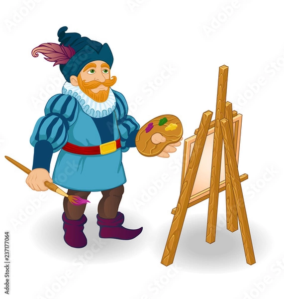 Fototapeta Artist with easel, brushes and paints colored splashes