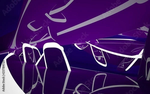 Fototapeta Abstract interior of the future in a minimalist style with violet violet sculpture. Night view from the backligh. Architectural background. 3D illustration and rendering