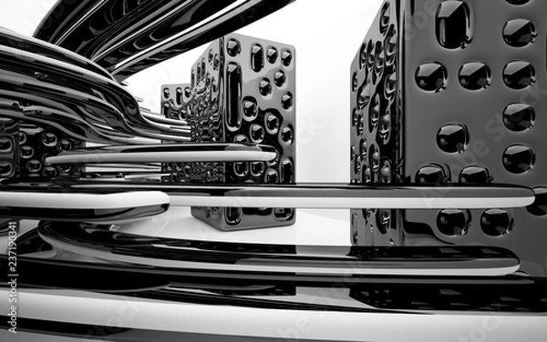 Fototapeta Abstract dynamic interior with black smooth objects . 3D illustration and rendering
