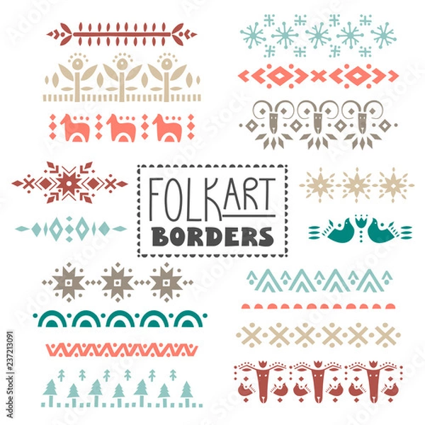 Fototapeta Vector collection of dividers, borders decorated with scandinavian folk patterns.