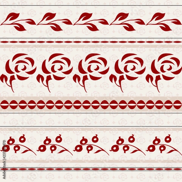 Fototapeta Seamless background with red stripes and roses elements