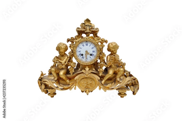 Fototapeta Antique mantel clock made of bronze with two cudoones on a white background. Isolated.