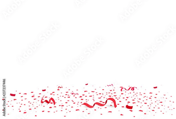Fototapeta Confetti, red papers scatter and ribbons on the floor, celebration party seasonal holiday abstract background vector illustration