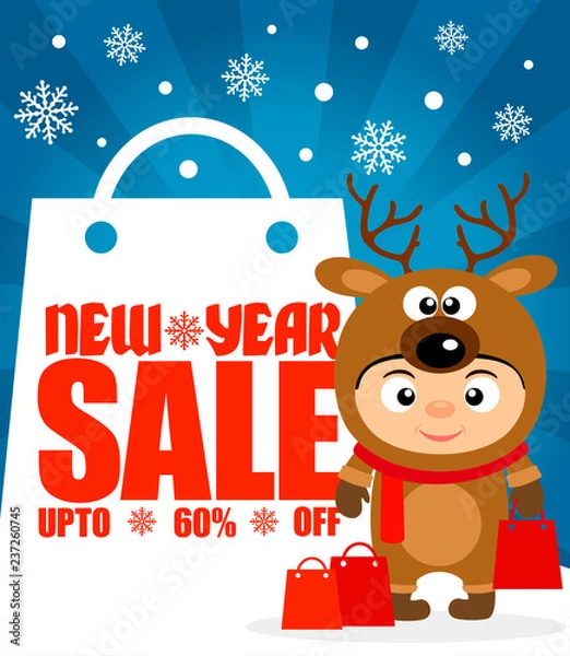 Fototapeta New Year sale background upto 60 % off with child in costume deer