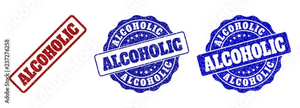 Fototapeta ALCOHOLIC grunge stamp seals in red and blue colors. Vector ALCOHOLIC imprints with grainy style. Graphic elements are rounded rectangles, rosettes, circles and text titles.