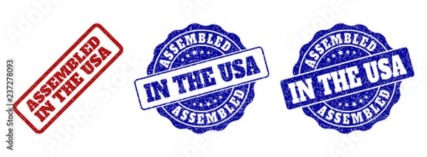 Fototapeta ASSEMBLED IN THE USA grunge stamp seals in red and blue colors. Vector ASSEMBLED IN THE USA overlays with grunge texture. Graphic elements are rounded rectangles, rosettes, circles and text captions.