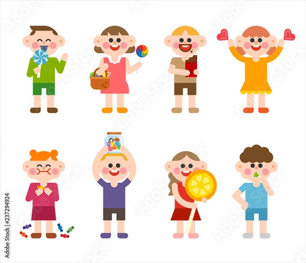 Fototapeta Cute children are eating sweet candy. character illustration set. flat design vector graphic style.