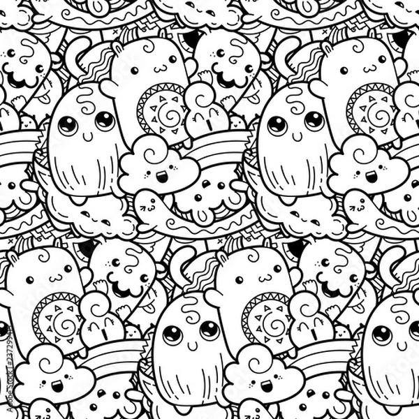 Fototapeta Funny doodle monsters seamless pattern for prints, designs and coloring books