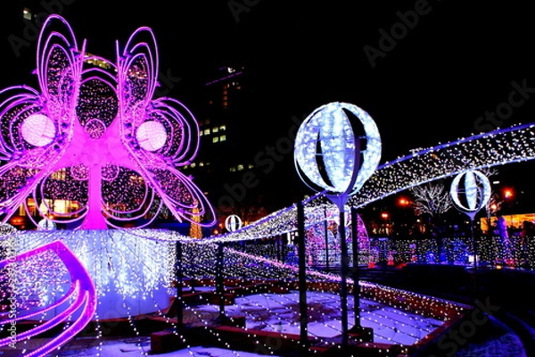 Obraz 北海道、札幌、ホワイトイルミネーション大通3丁目会場の風景、花咲く「ブルーミング・ファウンテン」 