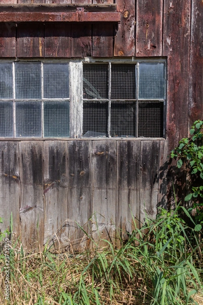 Fototapeta Side of an old wooden barn with a horizontal window of 12 panes of old glass and heavy black mesh screen. There are plants and grass growing in front of the barn. The barn siding is aged.