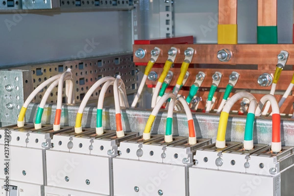 Fototapeta The electrical wires or cables are connected to the circuit breakers. In the background, copper busbars are visible in the electrical Cabinet. Production technology of electrical cabinets.