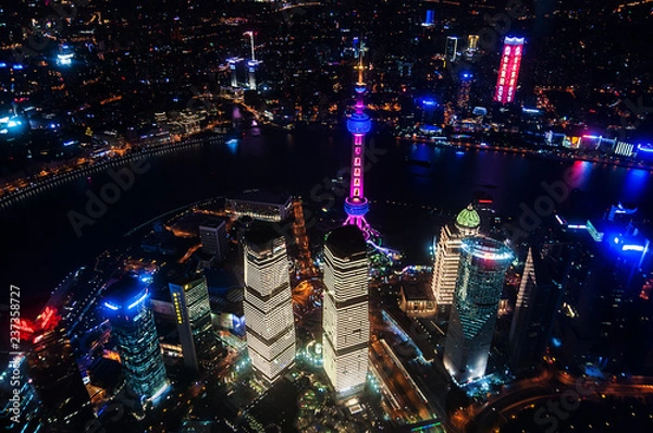 Fototapeta aerial view of shanghai at night from Shanghai Tower. Shanghai city skyline, Panoramic view of shanghai city skyline and Huangpu river, Shanghai China