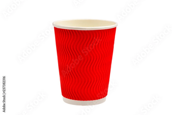 Fototapeta Paper cups for vaious drinks. Red, green, brown. Empty paper cups. Isolated on white.