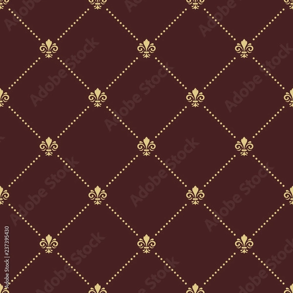 Fototapeta Seamless brown and golden pattern. Modern geometric ornament with royal lilies. Classic vintage background