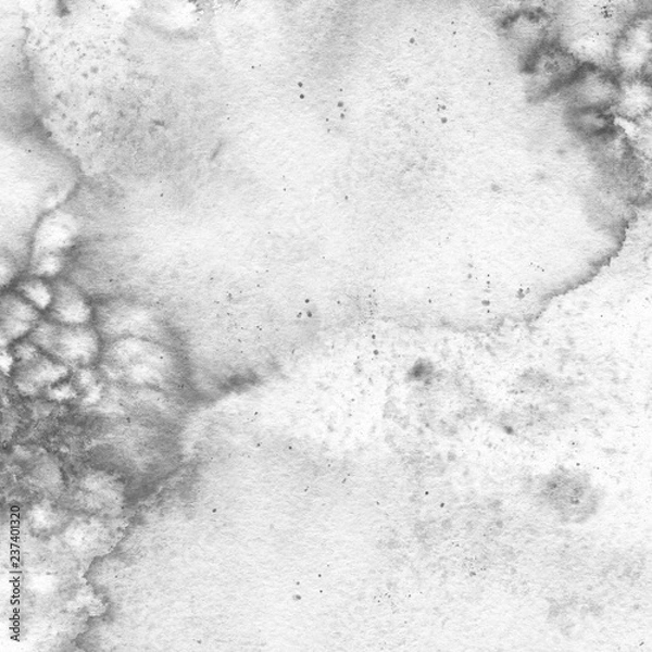 Obraz Silver watercolor texture with abstract washes and brush strokes on white paper background. Trendy look. Chaotic abstract organic design.