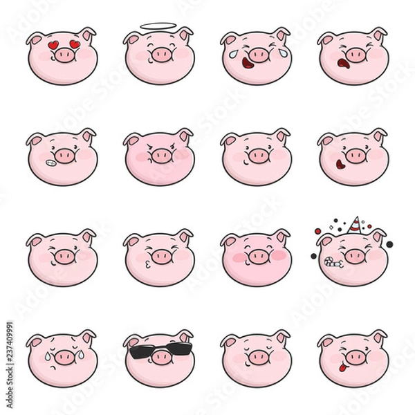 Obraz Set of emoticon icons. Emoji pigs. Vector isolated illustration.