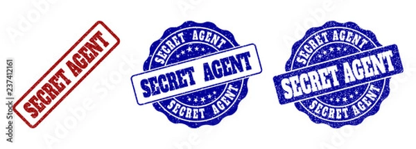 Fototapeta SECRET AGENT grunge stamp seals in red and blue colors. Vector SECRET AGENT overlays with draft texture. Graphic elements are rounded rectangles, rosettes, circles and text labels.
