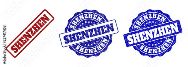 Obraz SHENZHEN scratched stamp seals in red and blue colors. Vector SHENZHEN labels with scratced texture. Graphic elements are rounded rectangles, rosettes, circles and text labels.