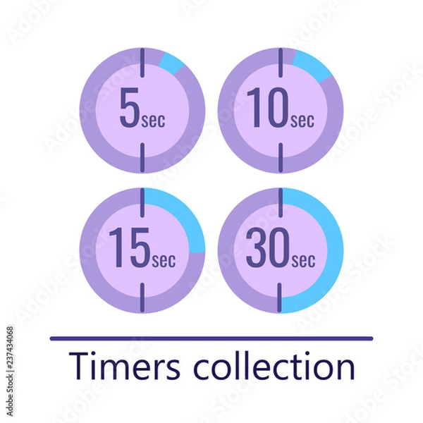 Fototapeta Set of timers with 5, 10, 15 and 30 seconds in circle. Vector illustration in flat modern style.