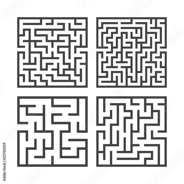 Obraz A set of square mazes of various levels of difficulty. Game for kids. Puzzle for children. One entrances, one exit. Labyrinth conundrum. Flat vector illustration isolated on white background.