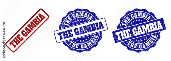 Fototapeta THE GAMBIA grunge stamp seals in red and blue colors. Vector THE GAMBIA labels with distress surface. Graphic elements are rounded rectangles, rosettes, circles and text labels.