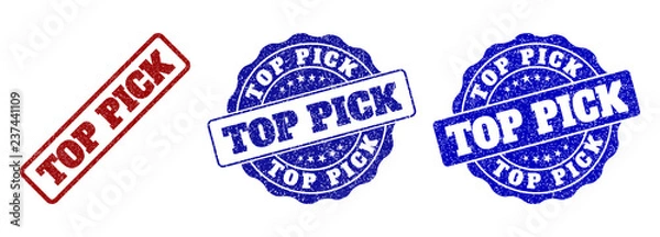 Fototapeta TOP PICK grunge stamp seals in red and blue colors. Vector TOP PICK labels with grunge texture. Graphic elements are rounded rectangles, rosettes, circles and text captions.
