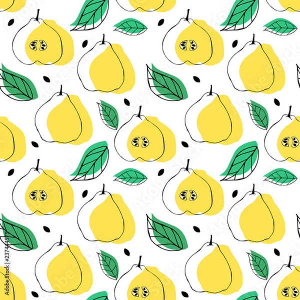 Fototapeta Seamless pattern with apple quince ande leaves. Tropical bright background.