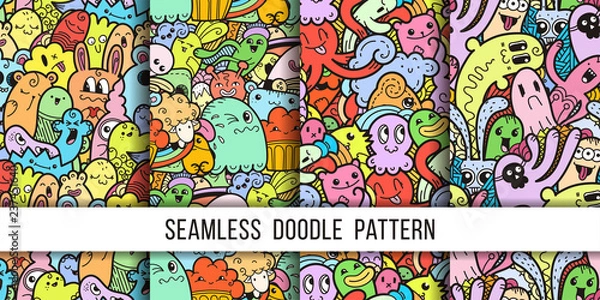 Fototapeta Collection of funny doodle monsters seamless pattern for prints, designs and coloring books